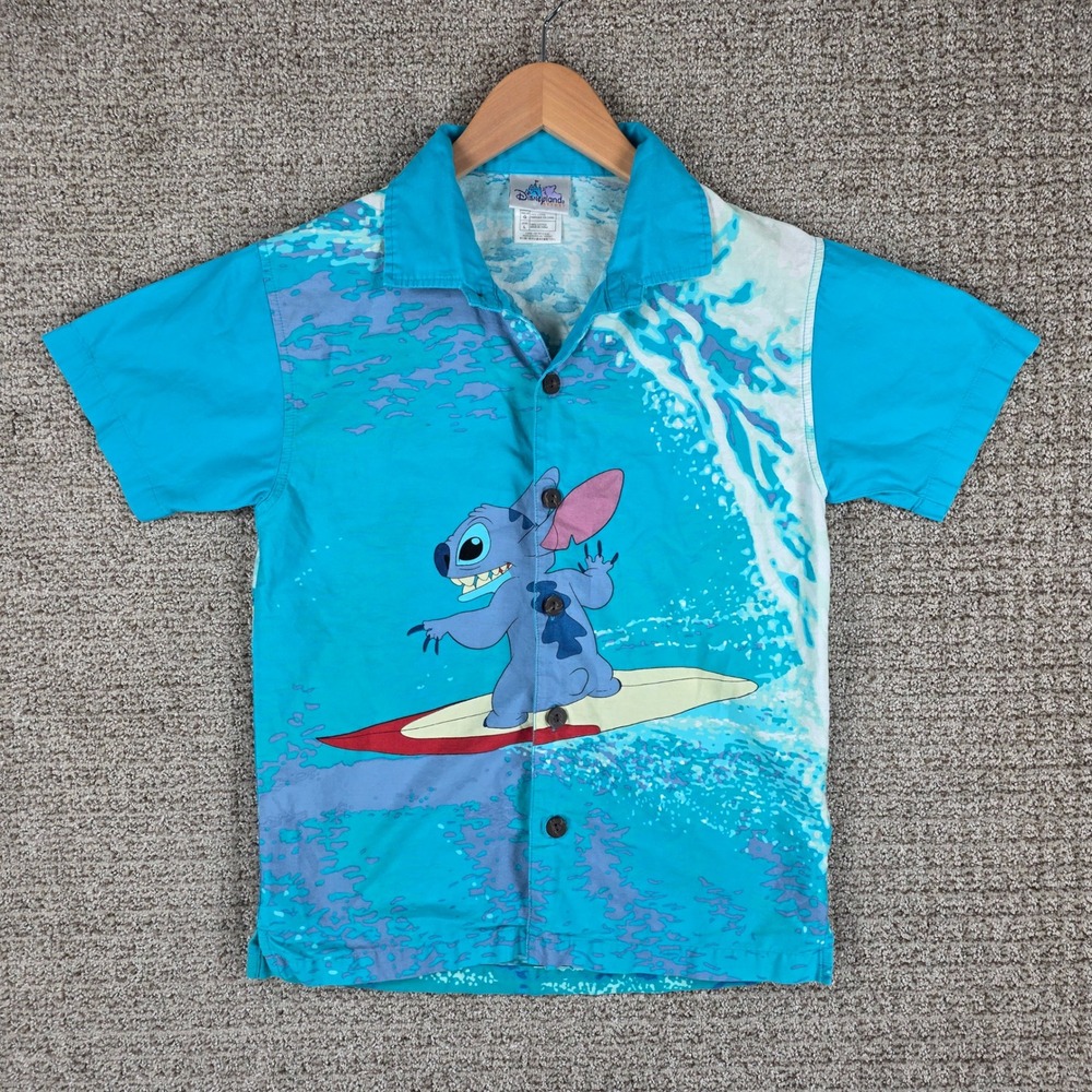 Vintage Disney Disneyland Resort Stitch Surfing Button Up Shirt Kids Large Aloha